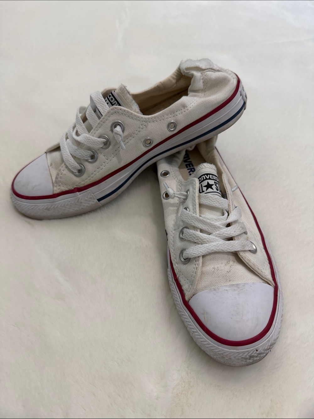 Converse Kids Low Top Canvas Sneakers in White with Red and Blue Trim